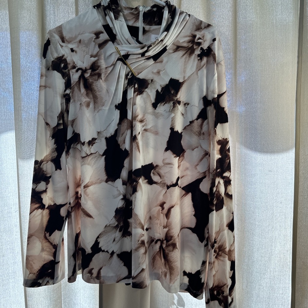 Calvin Klein Blouse Womens Sz XL Floral Marbled Ruched‎ Asymmetrica Neckline
